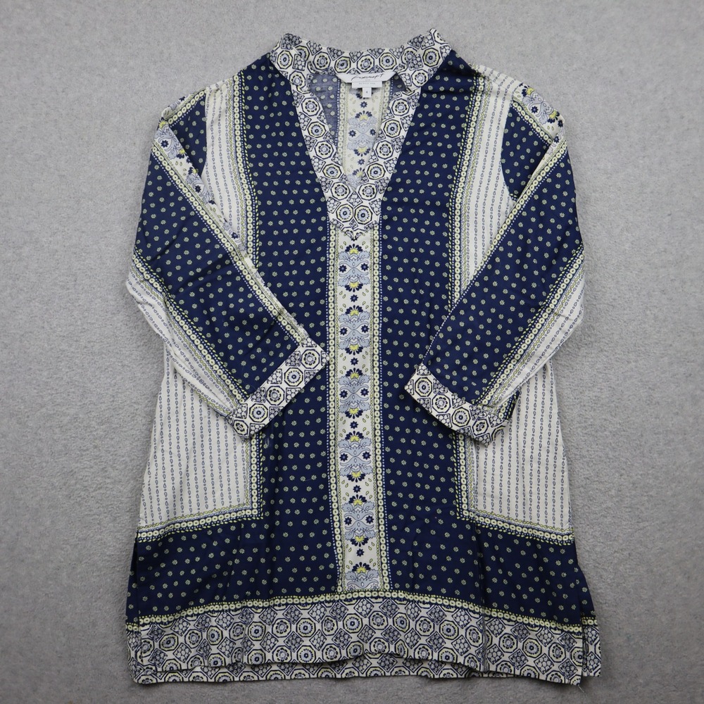 Foxcroft Tunic Women 4 Wrinkle Free Navy Blue White Yellow Geometric Floral Top